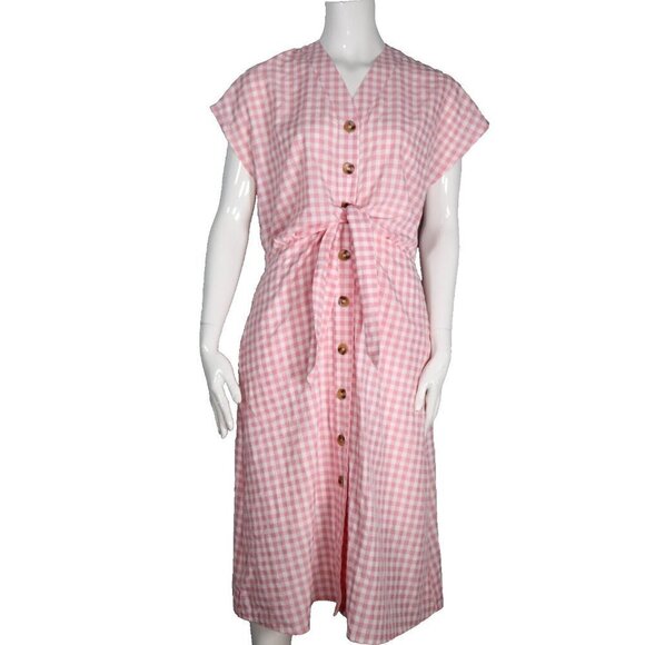 Gray Label Women's US12 Pink White Gingham Dress Tie-Up V-Neck Pockets Midi NWT - Picture 2 of 12